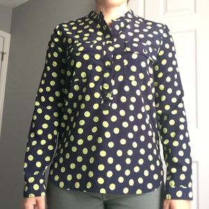 Gap navy with green + white polka dot blouse!